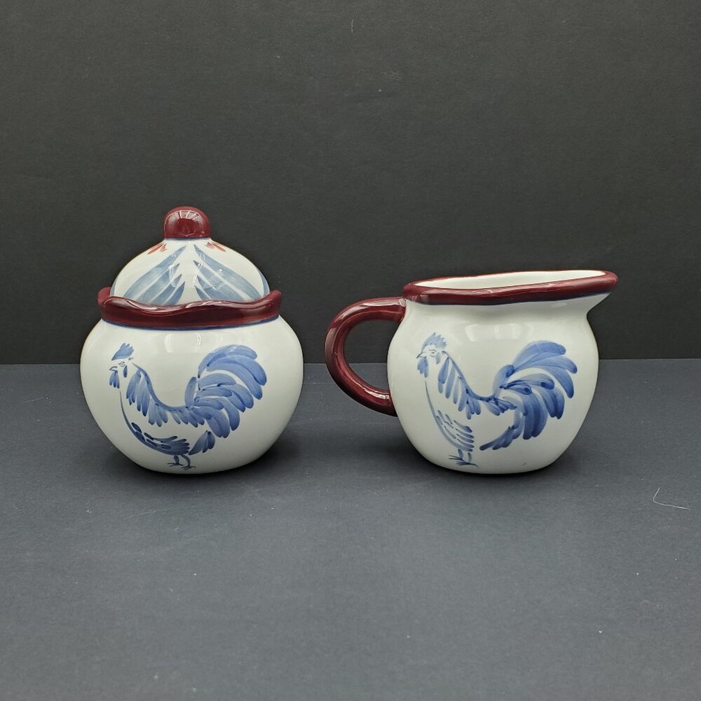 Nantucket Home Rooster Creamer and Sugar Bowl with Lid Blue Rooster Creamer Set